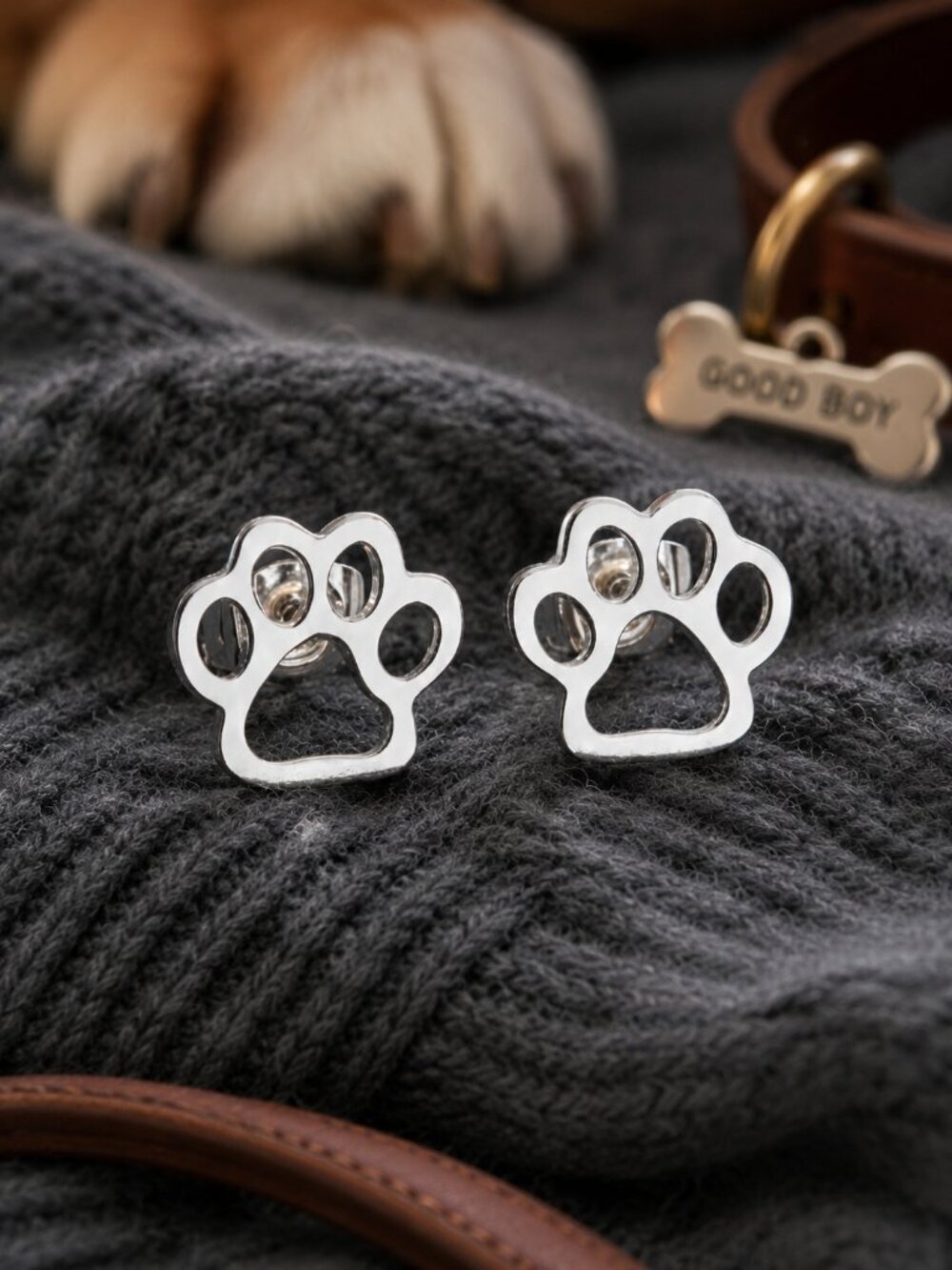 Paw Print Stud Earrings 18K White Gold Plated Hypoallergenic Dog Mom 0.5"